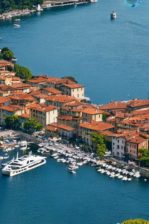 Image similar to Photo of a Riva Aquarama docked in Lake Como, with Lake Como in the background, wide shot, daylight, blue sky, summer, dramatic lighting, award winning, highly detailed, 1980s, luxury lifestyle, fine art print, best selling.