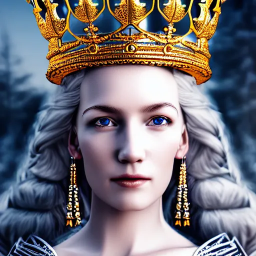 Image similar to beautiful nordic queen with ornate crown and robes highly detailed, 4k, HDR, smooth, sharp focus, hyper realistic, high resolution