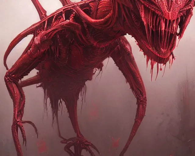 Image similar to alien creature, red, eyes growing on creature, spindly ; high detailed artwork by greg rutkowski ; sci - fi, detailed, scary, dangerous ; trending on artstation!!