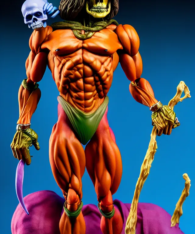 Image similar to hyperrealistic rendering, skeletor, by art of skinner and richard corben and jeff easley, product photography, action figure, sofubi, studio lighting, colored gels