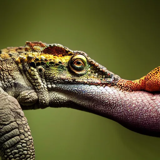 Image similar to An award winning photo of a single Tokay crocodile chameleon sitting on an elephant, environmental portrait, wildlife photography, National Geographic, 4k