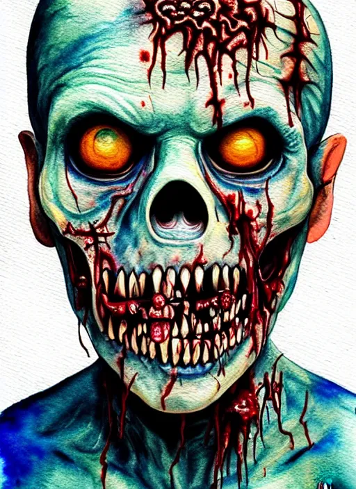 Prompt: zombie hollywood professional acting headshot, hyperrealism, intricate detailed, studio lighting, charming expression gesicht, watercolor art, drawn and painted, colored layers