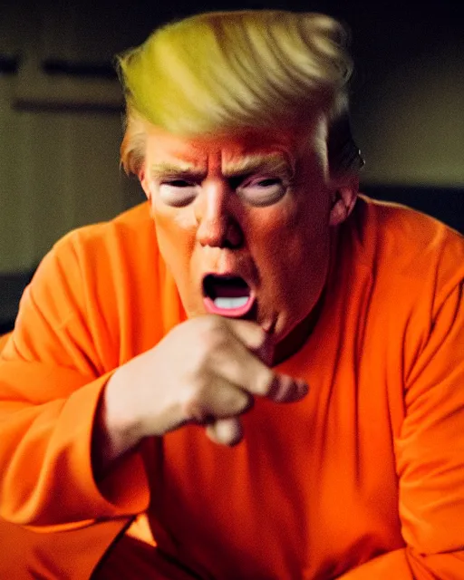 Prompt: closeup portrait of of angry donald trump wearing orange prison pajamas sitting on a bed in a filthy prison, cinematic masterpiece, octane, dramatic lighting, 35mm, very detailed