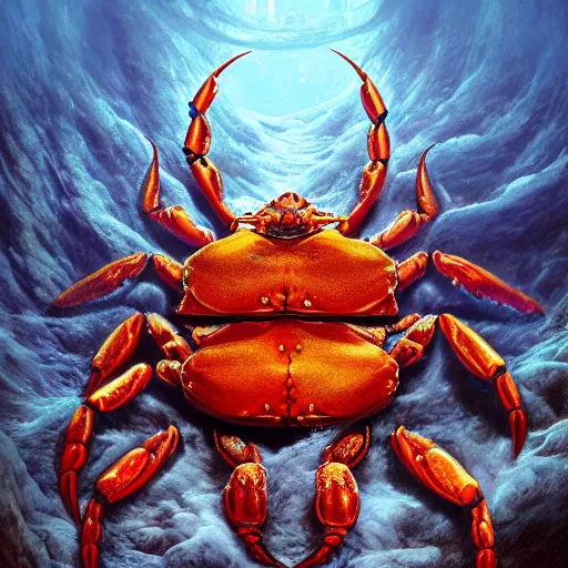 Image similar to photorealistic crab people in the style of michael whelan and gustave dore. hyperdetailed photorealism, 1 0 8 megapixels, amazing depth, glowing rich colors, powerful imagery, psychedelic overtones, 3 d finalrender, 3 d shading, cinematic lighting, artstation concept art