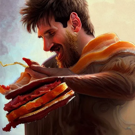 Image similar to Lionel Messi eating a mammoth Wendy's baconator, closeup, giant baconator, D&D, fantasy, intricate, elegant, highly detailed, digital painting, artstation, concept art, matte, sharp focus, illustration, art by Artgerm and Greg Rutkowski and Alphonse Mucha