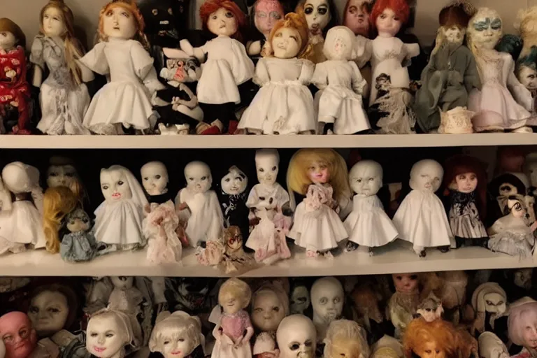 Prompt: < photo quality = scary > shelf of demonic porcelain dolls judging you for being awake so late < / photo >