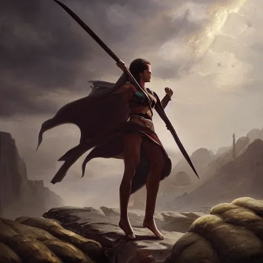 Prompt: a spartan woman wearing a cape and holding a spear in a arena, Matte painting , detailed painting, greg rutkowski