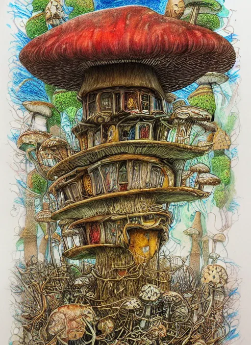 Image similar to a hybrid between a mushroom and a house,, insanely detailed, studio light, patrick woodroffe, colored pencil