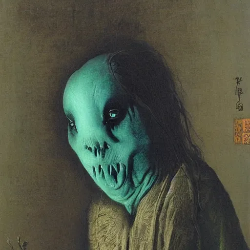 Image similar to style by millais, ( ( ( ( ( ( ( ( by beksinski ) ) ) ) ) ) ) ), portrait painting of victorian yokai, 8 k, highly detailed,