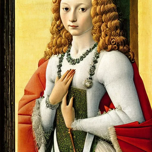 Image similar to portrait of a white poodle dog as an italian queen, painting by botticelli, 1 4 8 0 s