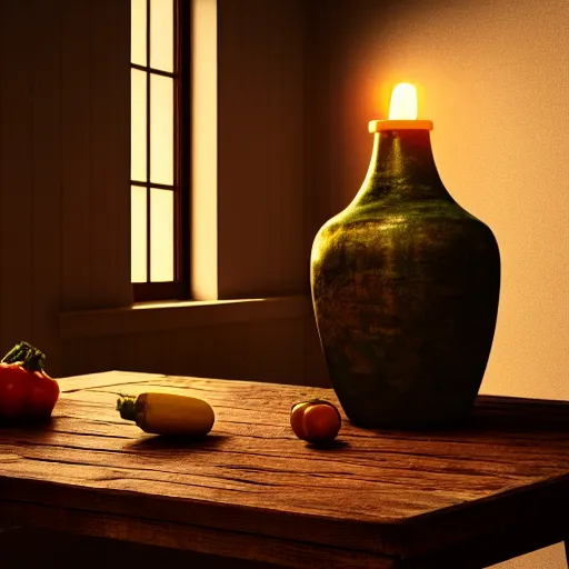 Image similar to a large vase on top of a antique wooden table, vegetables on table and candle, medieval concept art, cinematic lightning and colors, vray tracing, rendered in unreal engine, dark lightning, contrast shadows