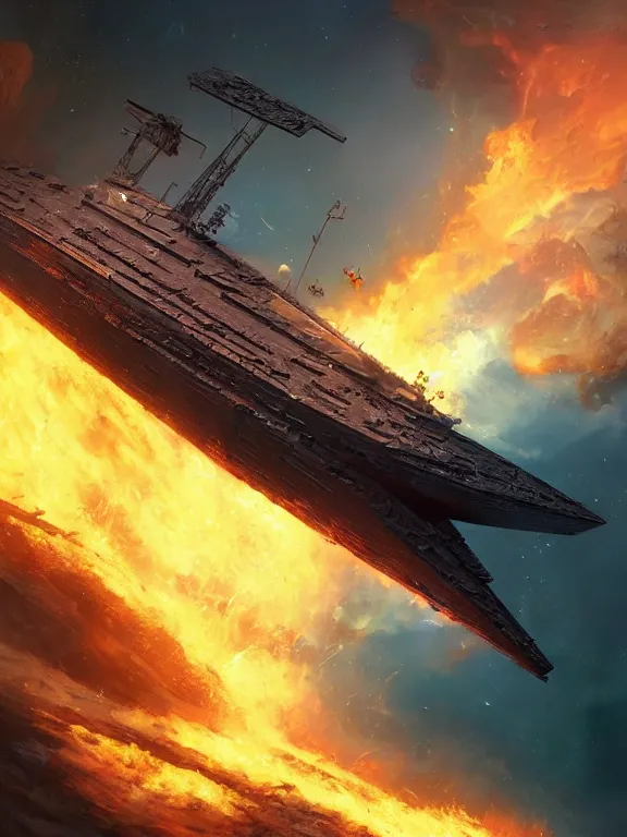 Prompt: photo of 8k ultra realistic star destroyer on fire, full of colour, cinematic lighting, battered, trending on artstation, 4k, hyperrealistic, focused, extreme details,unreal engine 5, cinematic, masterpiece, art by Peter Mohrbacher