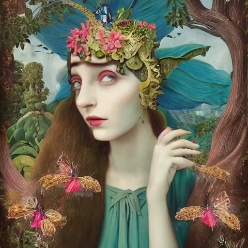 Image similar to a detailed portrait of young woman in renaissance dress and a surreal renaissance headdress, very surreal garden, cyberpunk, surreal tea party, strange creatures, by christian schloe and botticelli, naotto hattori, amy sol, roger dean, moody colors