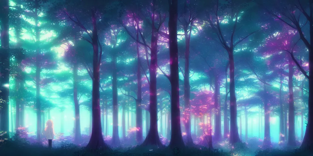 Image similar to beautiful anime painting of a psychedelic forest, glowing trees, nighttime, by makoto shinkai, koto no ha no niwa, artstation, atmospheric.