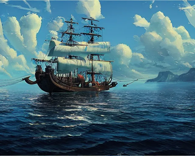 Prompt: a pirate ship on the blue seas, clear, sunny day, beautiful, ripples, waves, reflections on the water, no land, sea, blue sea, anime, wide shot. By Makoto Shinkai, Stanley Artgerm Lau, WLOP, Rossdraws, James Jean, Andrei Riabovitchev, Marc Simonetti, krenz cushart, Sakimichan, D&D trending on ArtStation, digital art.