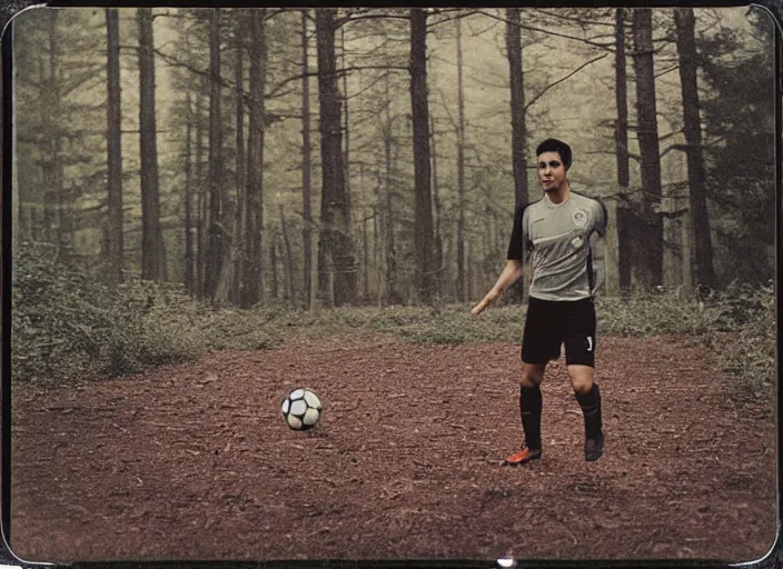 Prompt: medium shot, mikel arteta playing soccer in woods, polaroid photo, vintage, neutral colors, by gregory crewdson