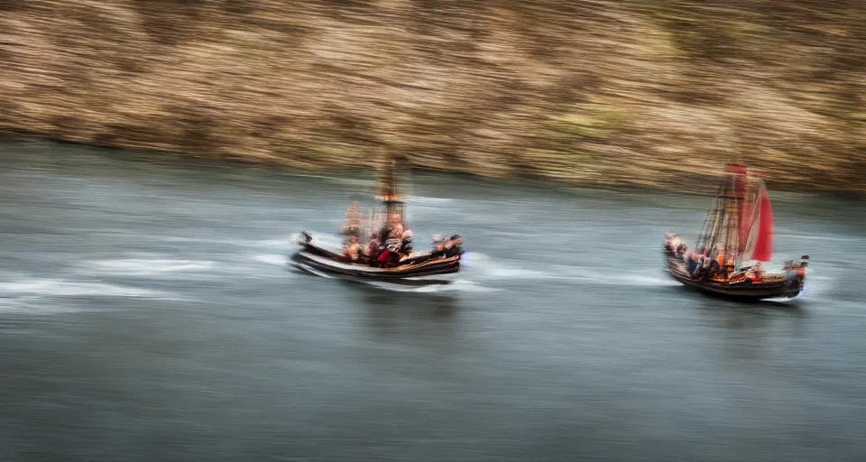 Image similar to fast viking ship sailing down a river, f / 2. 8, motion blur