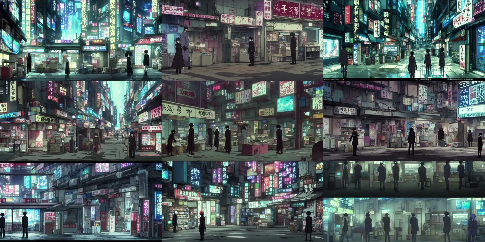 Prompt: a city shop in the cyberpunk anime film, Shichiro Kobayashi , screenshot in the anime series ergo proxy, hazy and dreary