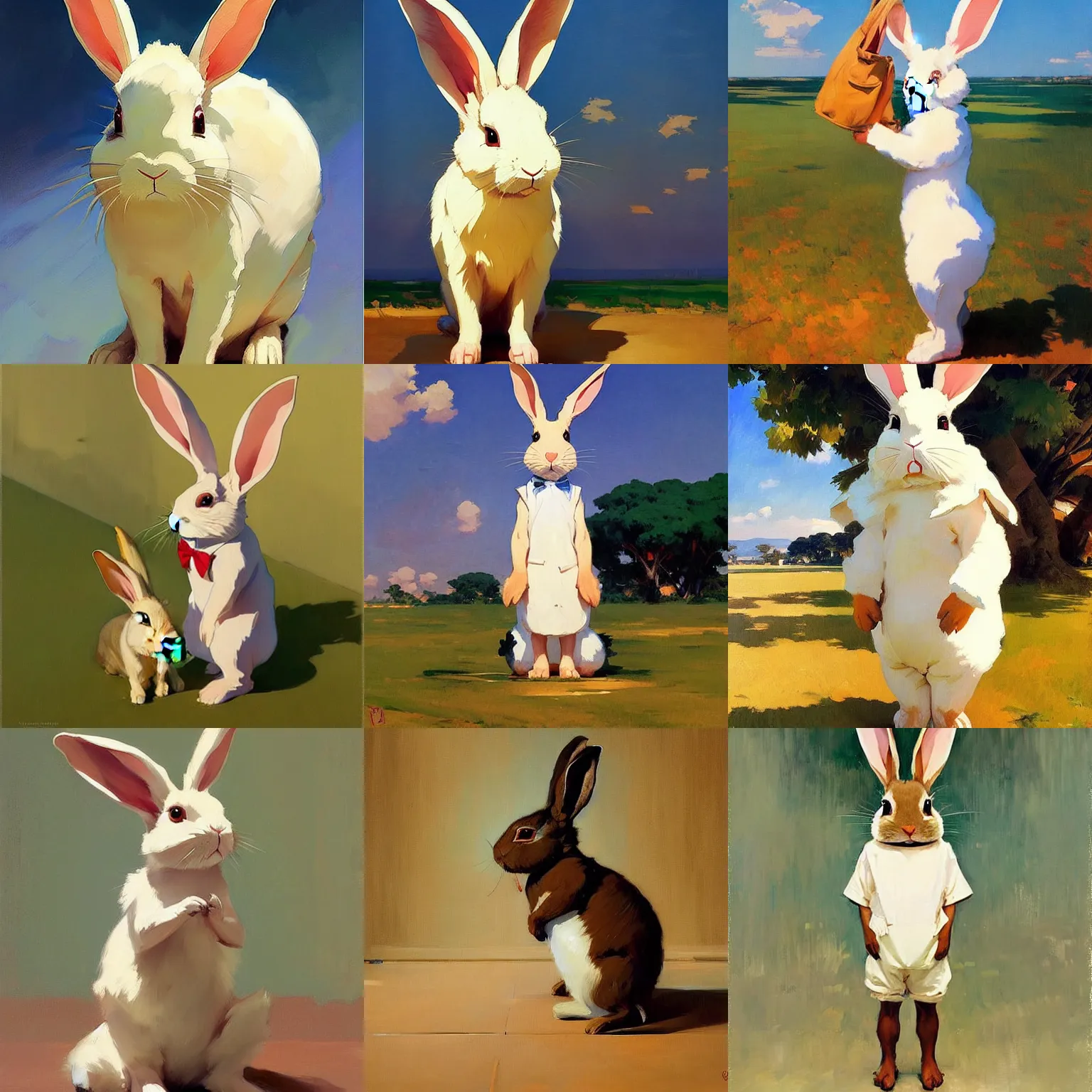 Image similar to a rabbit with ears down standing up by studio ghibli painting by joaquin sorolla rhads leyendecker an aesthetically pleasing dynamic energet