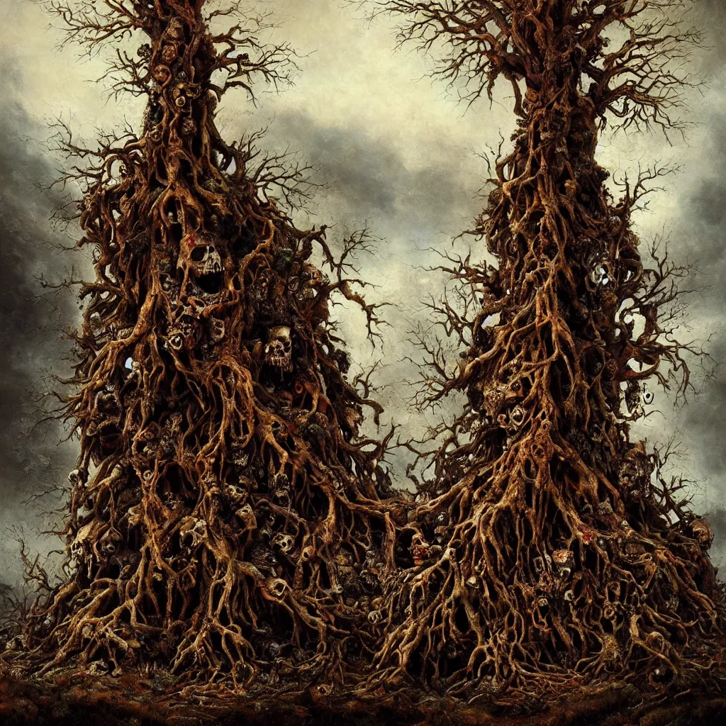 Prompt: 'Life from death' A detailed aesthetic horror painting depicting ' a lone tree made of skulls and bones with dead trees around it' by giuseppe arcimboldo and Rembrandt, Trending on cgsociety artstation, 8k, background blur, focus. photography. masterpiece, cinematic lighting, vibrant colors.