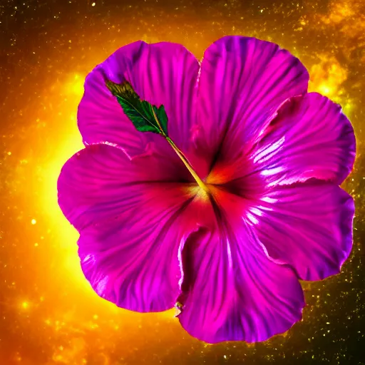 Prompt: a closeup photorealistic photograph of a hibiscus flower floating in a galaxy. film still, vibrant colors. this 4 k hd image is trending on artstation, featured on behance, well - rendered, extra crisp, features intricate detail, epic composition and the style of unreal engine.