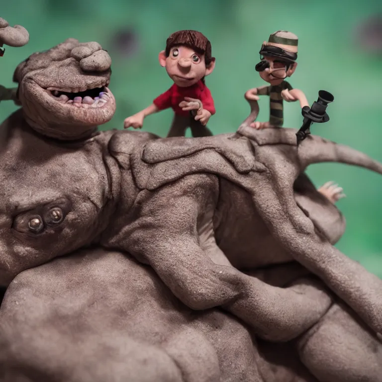 Prompt: a cinematic film still of a claymation stop motion film starring steve irwin, shallow depth of field, 8 0 mm, f 1. 8