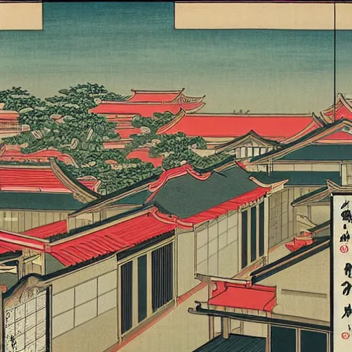 Image similar to ukiyo - e painting of the skyline of singapore public housing