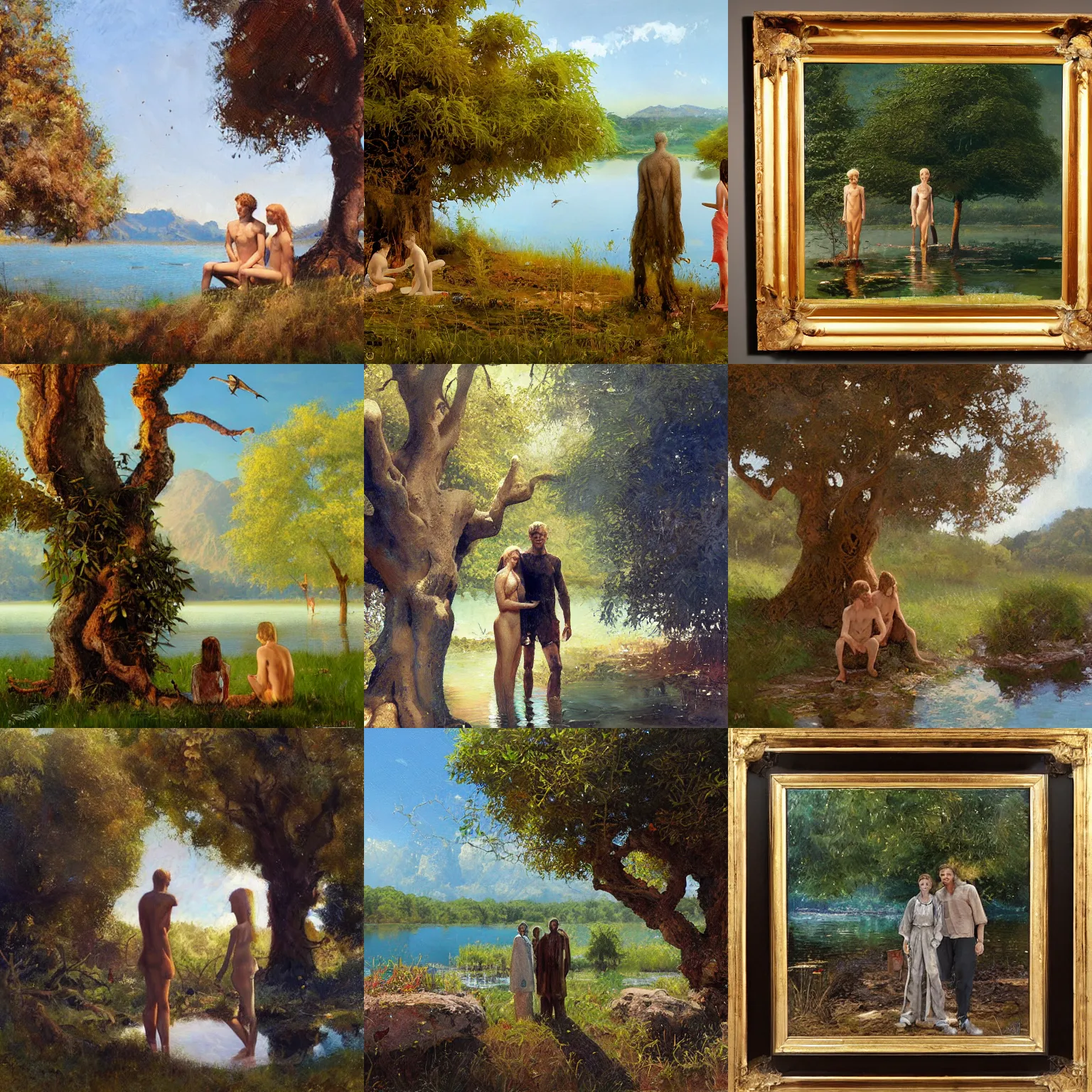 Prompt: group portrait of adam and eve next to a tree and a lake, oil painting by craig mullins, by mattias adolfsson,