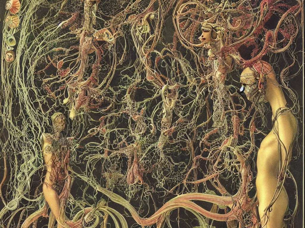 Prompt: Disease of the astral body, vortex anatomy, hair contraption. Painting by Ernst Haeckel, Roger Dean, Osservanza Master