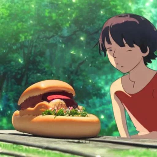 Image similar to a chameleon hiding in a hot dog, Makoto Shinkai, Studio Ghibli