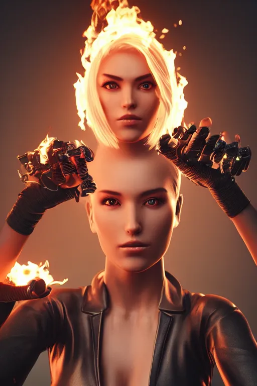 Prompt: gorgeous blonde woman with fire in her hand, cyberpunk, realistic, high definition, many details, symmetrical face, realistic eyes, art of unreal engine 5