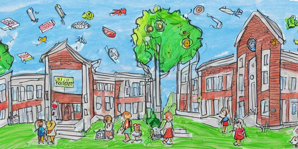 Image similar to school exterior, children's hand drawn illustration