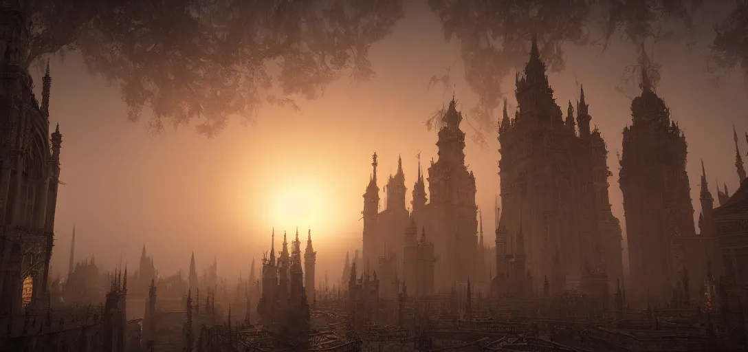 Image similar to A palace with a thousand long, thin spires of metal. Sunset. Thick atmosphere of fog. 4K. Many intrincate details.