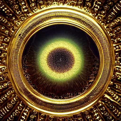 Image similar to The eye of god Rah, intricate, ornate, photorealistic, ultra detailed, gold, octane render, high definition, depth of field, bokeh, 8k, artstation