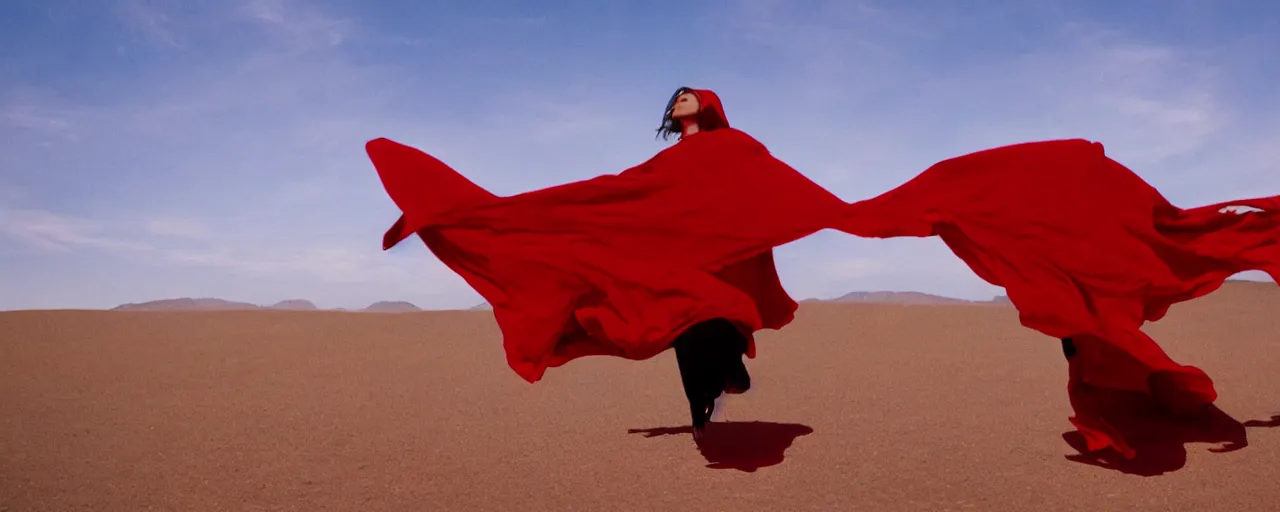 Prompt: A woman dancing in an endless red cape that ribbons across the sky into the distance, floating in the sky above a desert, film still, anamorphic