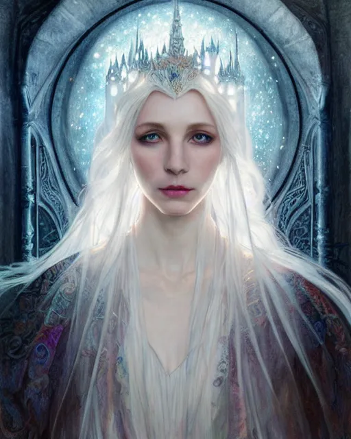 Image similar to realistic portrait of a beautiful white witch, bright witch, inside a castle, beautiful, beautiful face, fantasy, chaos, magic, dark magic, dramatic lighting, intricate, wild, highly detailed, digital painting, artstation, concept art, smooth, sharp focus, illustration, art by artgerm and greg rutkowski and alphonse mucha, footage from space camera