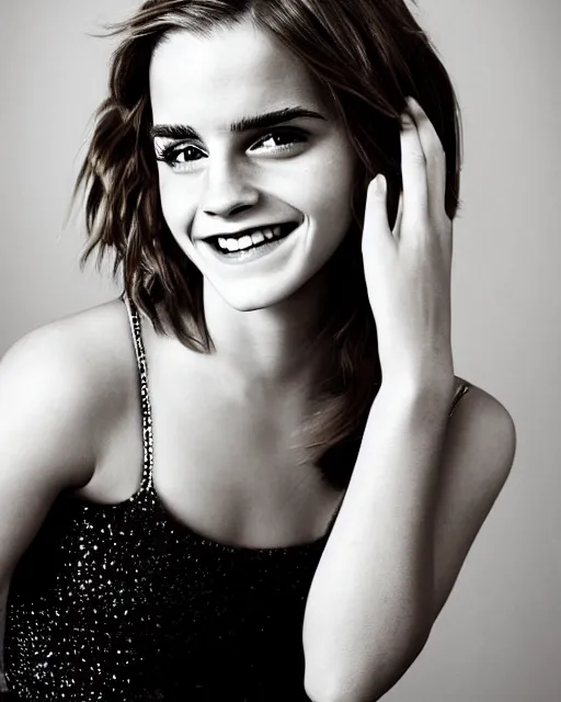 Prompt: A photo of laugh emma watson. she has wedding rings on his fingers. 50 mm. perfect ring. award winning photography