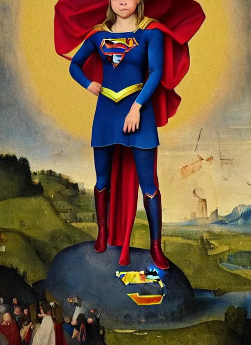 Prompt: greta thunberg as supergirl painted by hieronymus bosch, detailed digital art, trending on Artstation