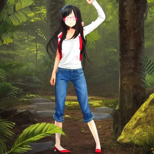 Prompt: nagatoro using white and red tight raglan sleeves, tight blue jeans and cool shoes in a tropical forest, epic hair glowy fire flames, artstation, 3 d ray tracing, lumen, octane render flawless masterpiece concept art by wlop
