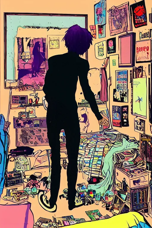 Image similar to a skinny goth guy standing in a cluttered 9 0 s bedroom by jamie hewlett, back view, jamie hewlett art, full body character concept art, vaporwave colors,