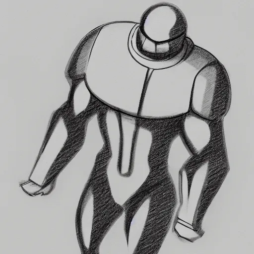 Image similar to a simple pencil sketch of a giant humanoid athletic sleek futuristic rounded humanoid android powering up as small floating particles swirl around it