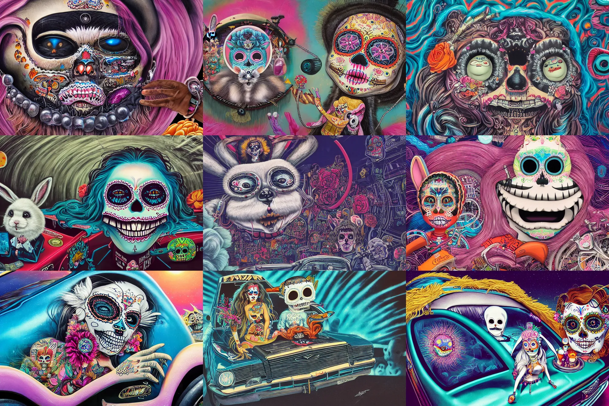 Prompt: close - up of a amc marlin lowrider driven by a cute fluffy female bunny in a dia de los muertos face makeup, in a quantum wormhole, juxtapoz, artforum, gary baseman, dan mumford, pedro correa, mad magazine