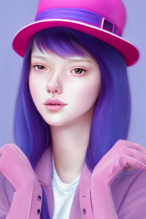 Image similar to gorgeous!!! hyper - realistic teenager girl with pink hair, light pink fedora hat and light pink jacket, with purple gloves, blue jeans and white shoes | drawn by wlop, drawn by jeehyung lee, drawn by artgerm | intricate, highly detailed, digital painting, character design, concept art, illustration, artstation