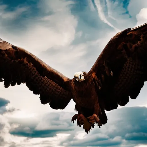 Prompt: cinematic photo of a giant eagle snatching away grimace with its talons, camera is looking up at the subject in the sky with fancy clouds behind