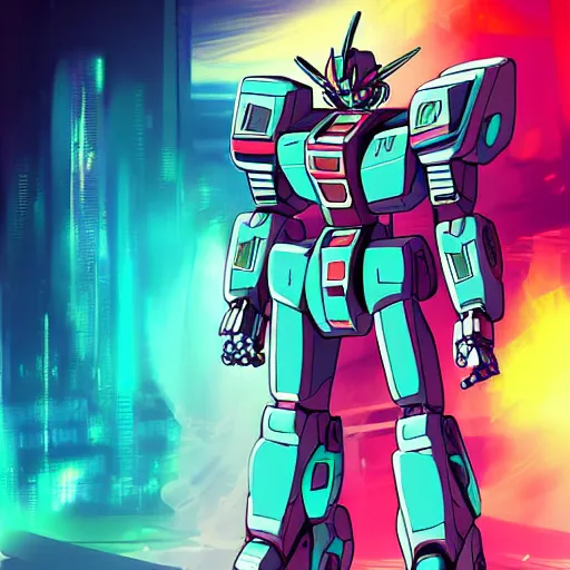 Image similar to digital art of a futuristic cyberpunk gundam robot, highly detailed armor, anime illustration, manga style, bold colors