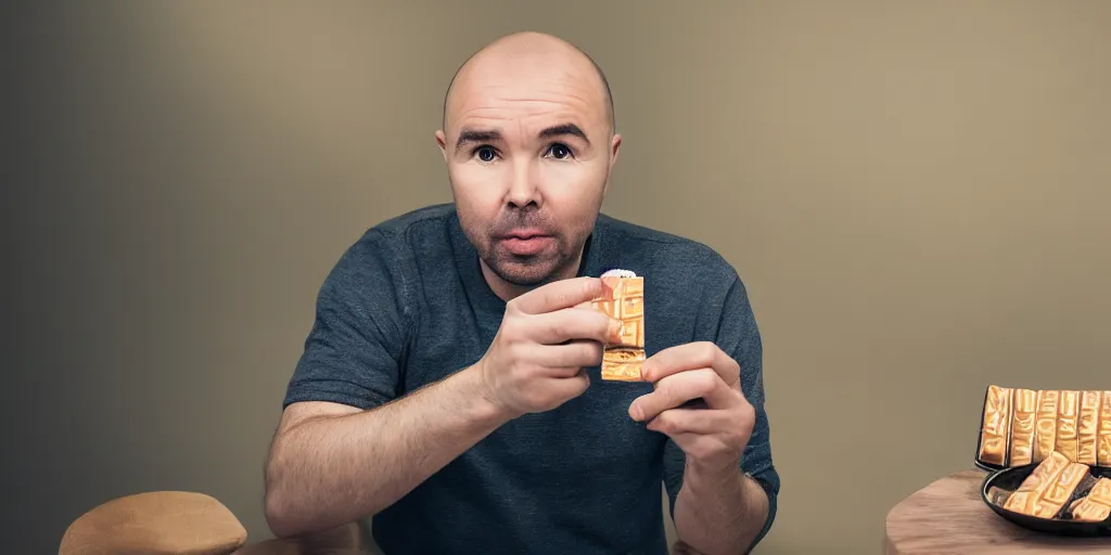 Prompt: 4 k hd, high detail photograph of karl pilkington eating a twix chocolate bar, shot with sigma f 1. 8 sharp lens, wide shot