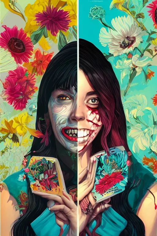 Image similar to a zombiegirl smiling, Tristan Eaton, victo ngai, artgerm, RHADS, ross draws