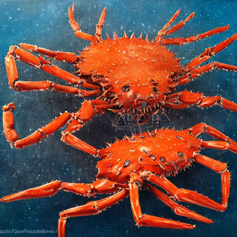 Prompt: Hyperrealistic intensely colored Studio wet collodion Photograph portrait of a deep sea Giant King Crab with large spiked claws deep underwater in darkness long exposure, award-winning nature deep sea expressionistic impasto heavy brushstrokes oil painting by Fabian Marcaccio and Matthew Barney and Audubon vivid colors hyperrealism 8k