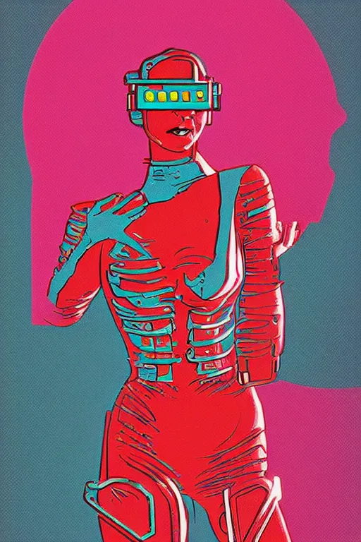 Image similar to a retro 70s cyborg woman, anaglyph, book cover,