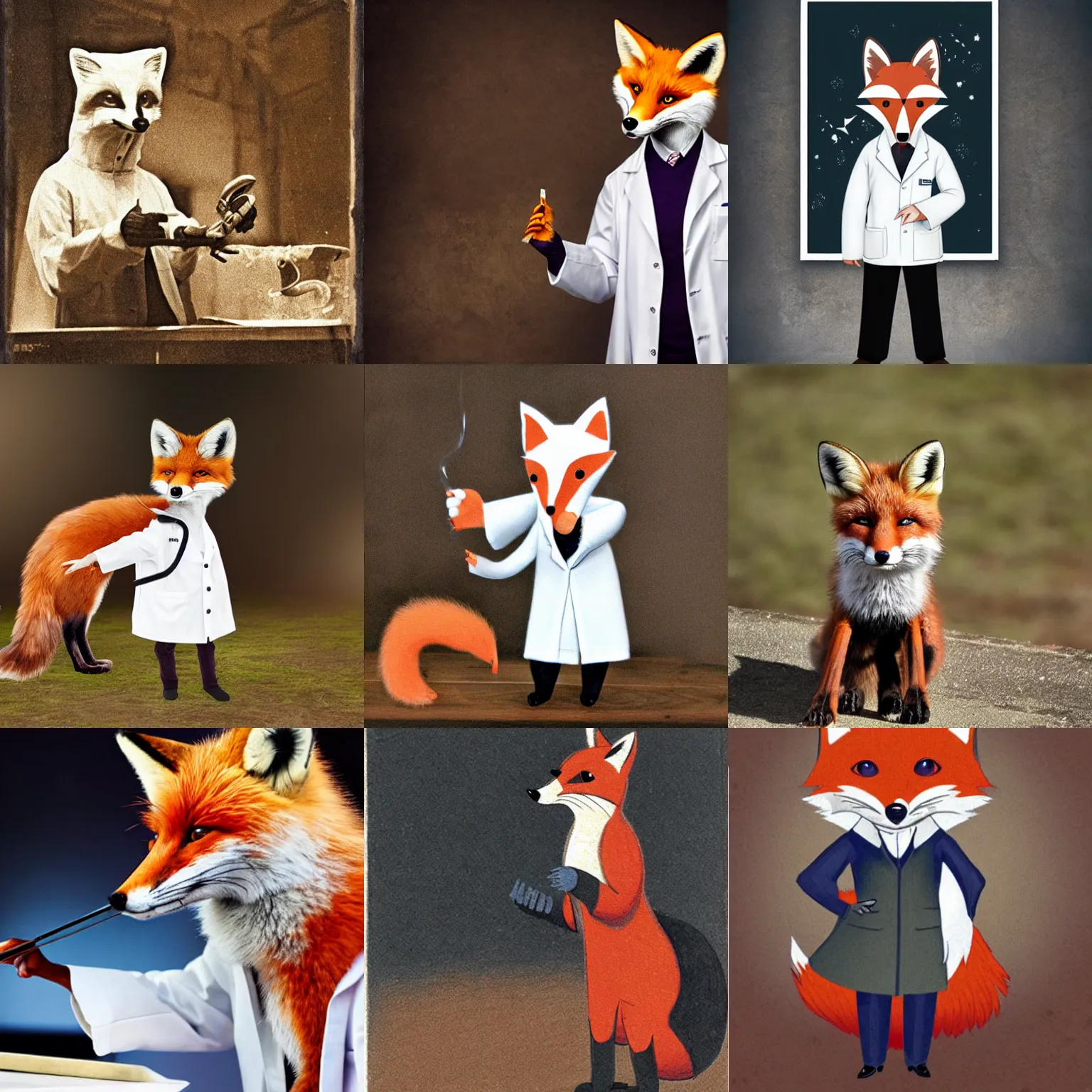 Image similar to stern looking fox in a labcoat, casting a magic spell